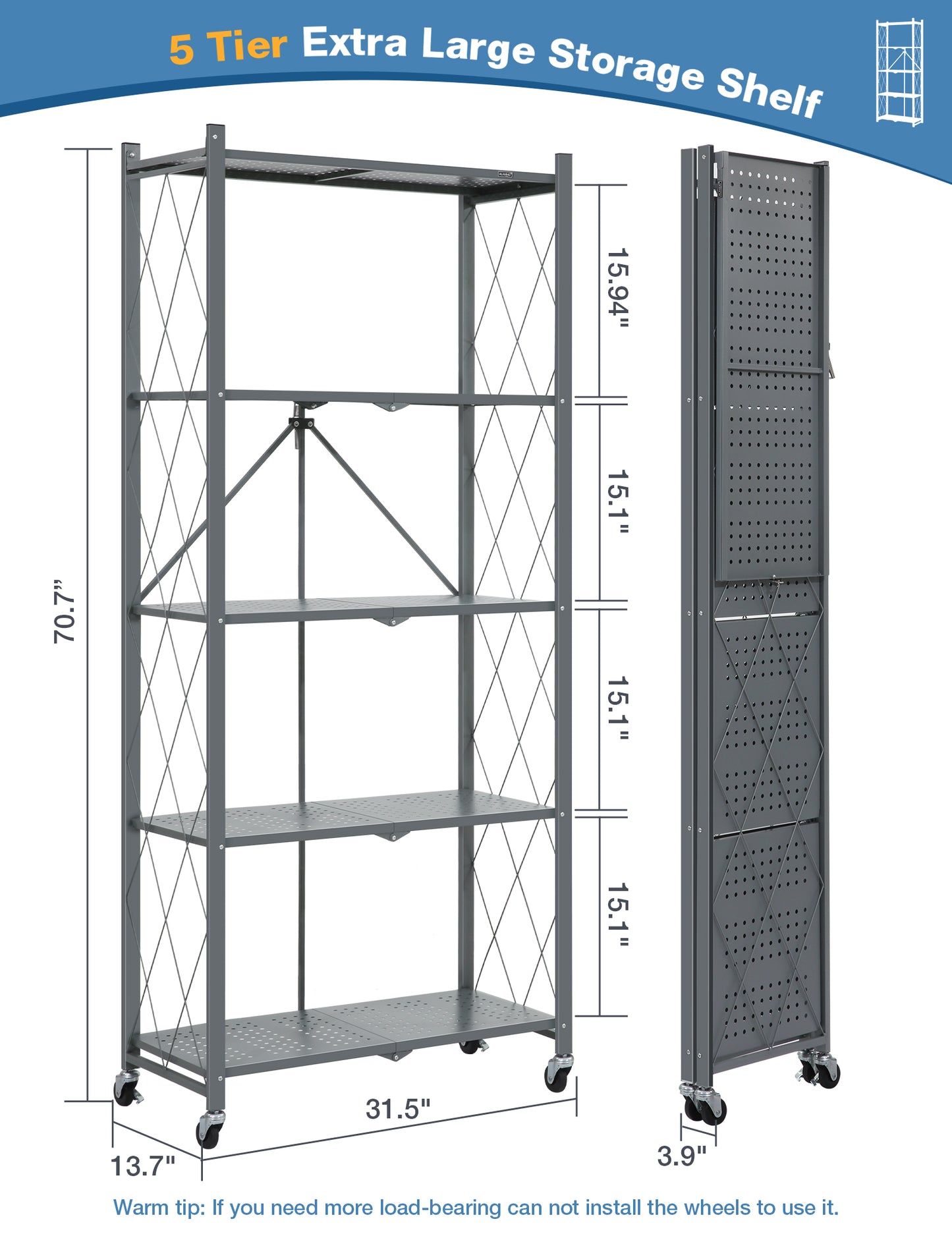 ALANNG Metal Shelves for Storage, 5 Tier Folding Storage Shelves on Wheels, No Assembly Storage Rack for Kitchen Grey