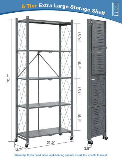 ALANNG Metal Shelves for Storage, 5 Tier Folding Storage Shelves on Wheels, No Assembly Storage Rack for Kitchen Grey