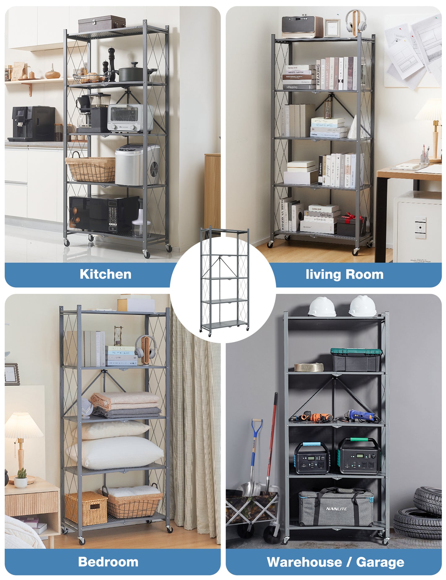 ALANNG Metal Shelves for Storage, 5 Tier Folding Storage Shelves on Wheels, No Assembly Storage Rack for Kitchen Grey