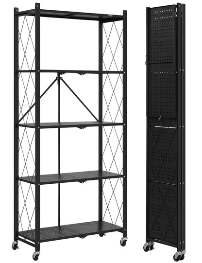 ALANNG Metal Shelves for Storage, 5 Tier Folding Storage Shelves on Wheels No Assembly Storage Rack for Kitchen Black