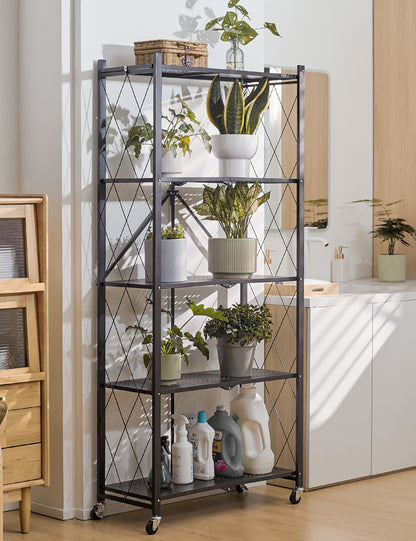 ALANNG Metal Shelves for Storage, 5 Tier Folding Storage Shelves on Wheels No Assembly Storage Rack for Kitchen Black