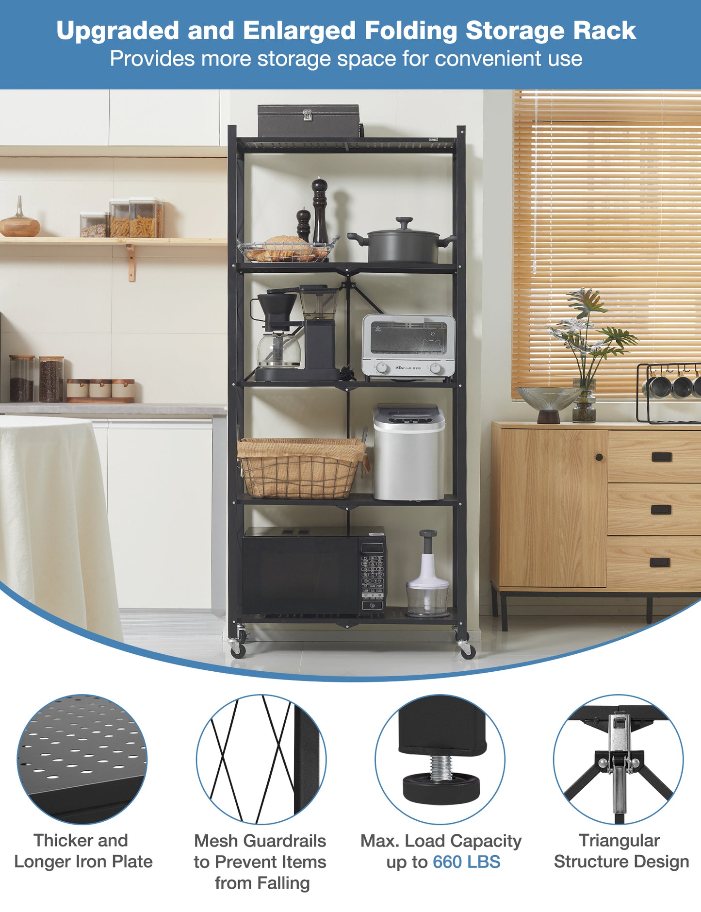 ALANNG Metal Shelves for Storage, 5 Tier Folding Storage Shelves on Wheels No Assembly Storage Rack for Kitchen Black