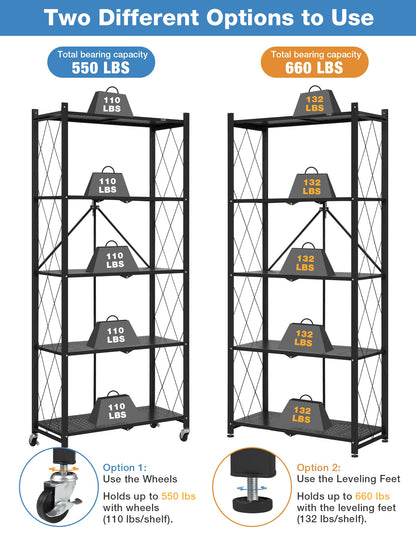 ALANNG Metal Shelves for Storage, 5 Tier Folding Storage Shelves on Wheels, No Assembly Storage Rack for Kitchen Grey