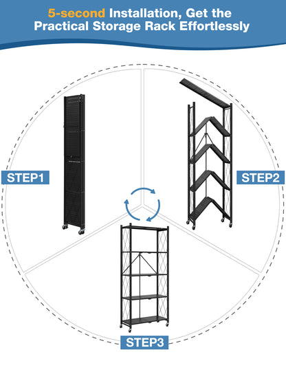 ALANNG Metal Shelves for Storage, 5 Tier Folding Storage Shelves on Wheels No Assembly Storage Rack for Kitchen Black