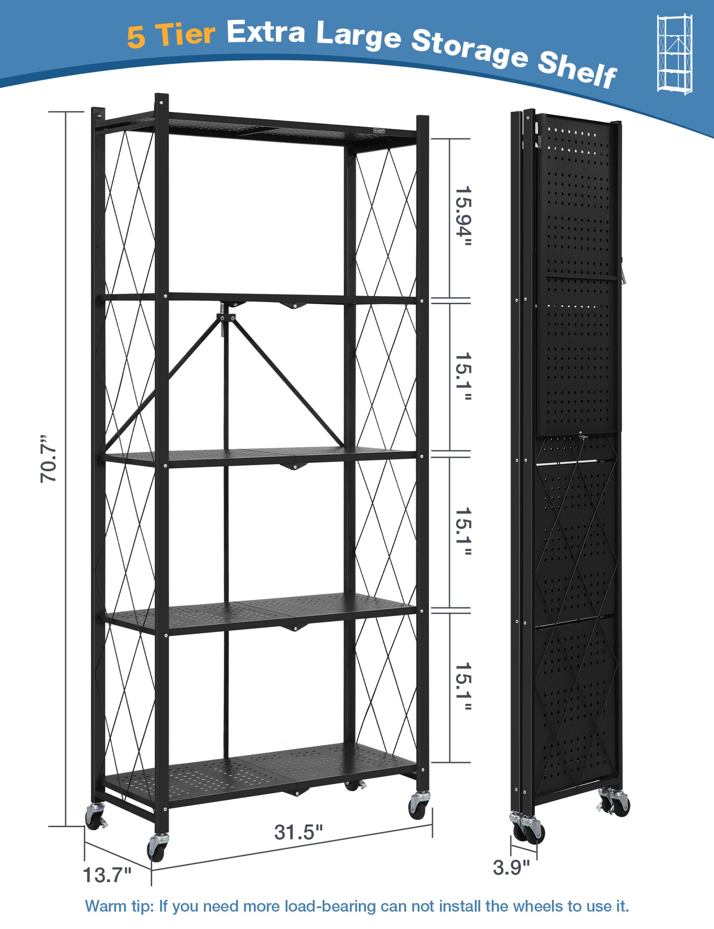 ALANNG Metal Shelves for Storage, 5 Tier Folding Storage Shelves on Wheels No Assembly Storage Rack for Kitchen Black