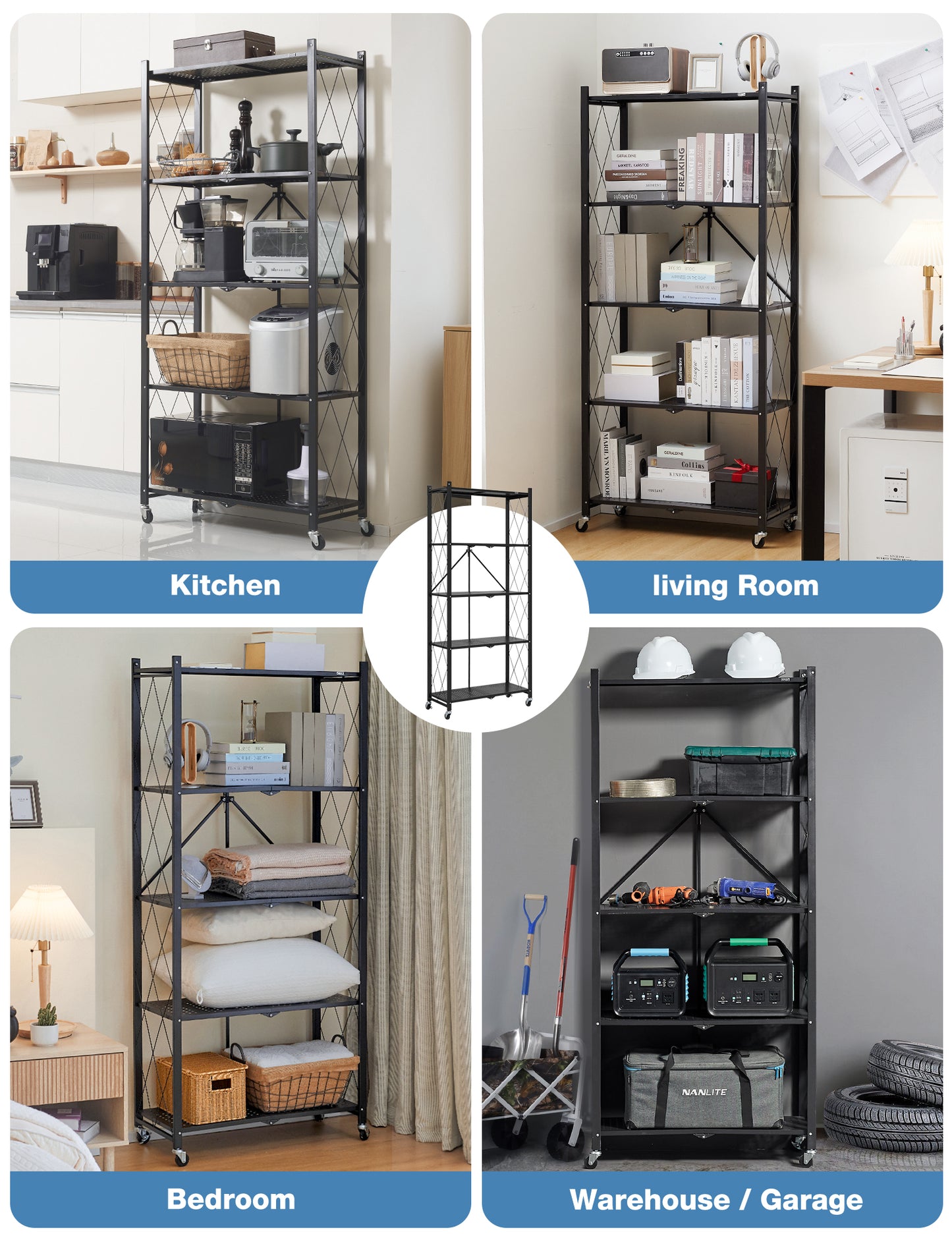 ALANNG Metal Shelves for Storage, 5 Tier Folding Storage Shelves on Wheels No Assembly Storage Rack for Kitchen Black