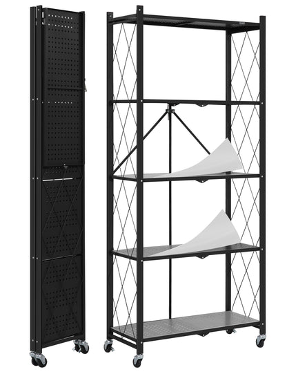 ALANNG 70.7" H Metal Storage Shelves, 5 Tier Folding Shelf on Wheels, Heavy Duty, No Assembly, Rolling, Collapsible Rack Unit for Kitchen, Basement, Pantry,4 Colors