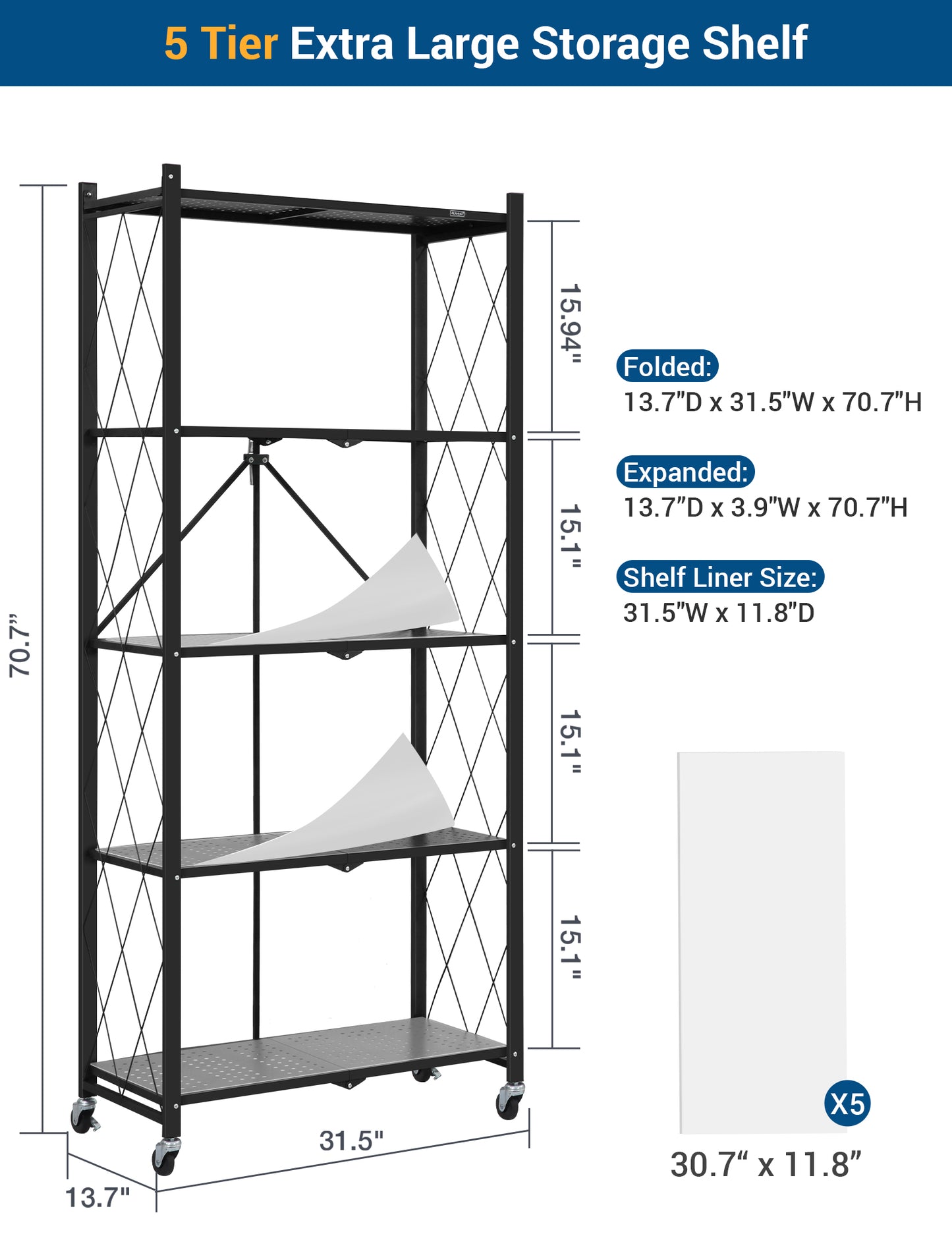 ALANNG 70.7" H Metal Storage Shelves, 5 Tier Folding Shelf on Wheels, Heavy Duty, No Assembly, Rolling, Collapsible Rack Unit for Kitchen, Basement, Pantry,4 Colors