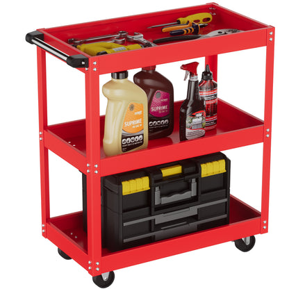 Heavy Duty 330 LBS Capacity 3-Tier Metal Utility Cart with 4-Wheel Rolling Base, Red/Gray Work Cart with Sturdy Frame & Top Access Door for Garage, Warehouse, Workshop - Tool Storage Cart for Industrial Use