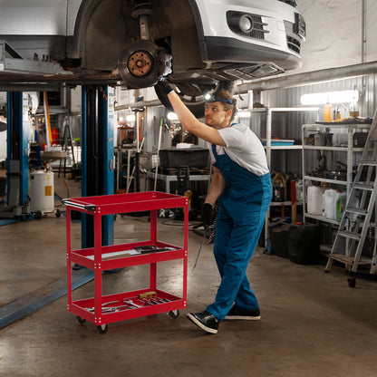 Heavy Duty 330 LBS Capacity 3-Tier Metal Utility Cart with 4-Wheel Rolling Base, Red/Gray Work Cart with Sturdy Frame & Top Access Door for Garage, Warehouse, Workshop - Tool Storage Cart for Industrial Use