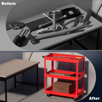 Heavy Duty 330 LBS Capacity 3-Tier Metal Utility Cart with 4-Wheel Rolling Base, Red/Gray Work Cart with Sturdy Frame & Top Access Door for Garage, Warehouse, Workshop - Tool Storage Cart for Industrial Use