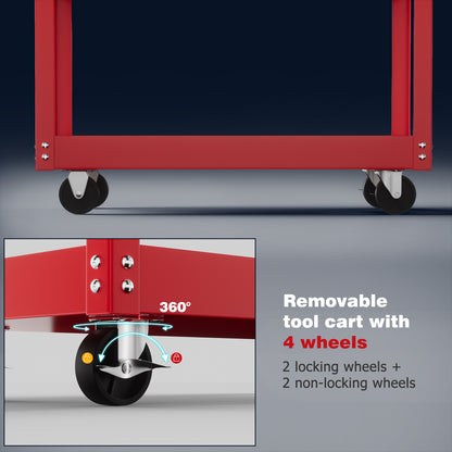 Heavy Duty 330 LBS Capacity 3-Tier Metal Utility Cart with 4-Wheel Rolling Base, Red/Gray Work Cart with Sturdy Frame & Top Access Door for Garage, Warehouse, Workshop - Tool Storage Cart for Industrial Use