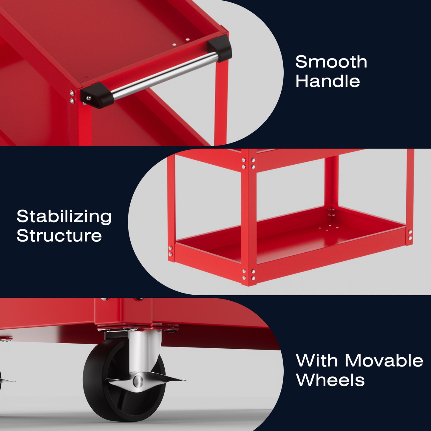Heavy Duty 330 LBS Capacity 3-Tier Metal Utility Cart with 4-Wheel Rolling Base, Red/Gray Work Cart with Sturdy Frame & Top Access Door for Garage, Warehouse, Workshop - Tool Storage Cart for Industrial Use