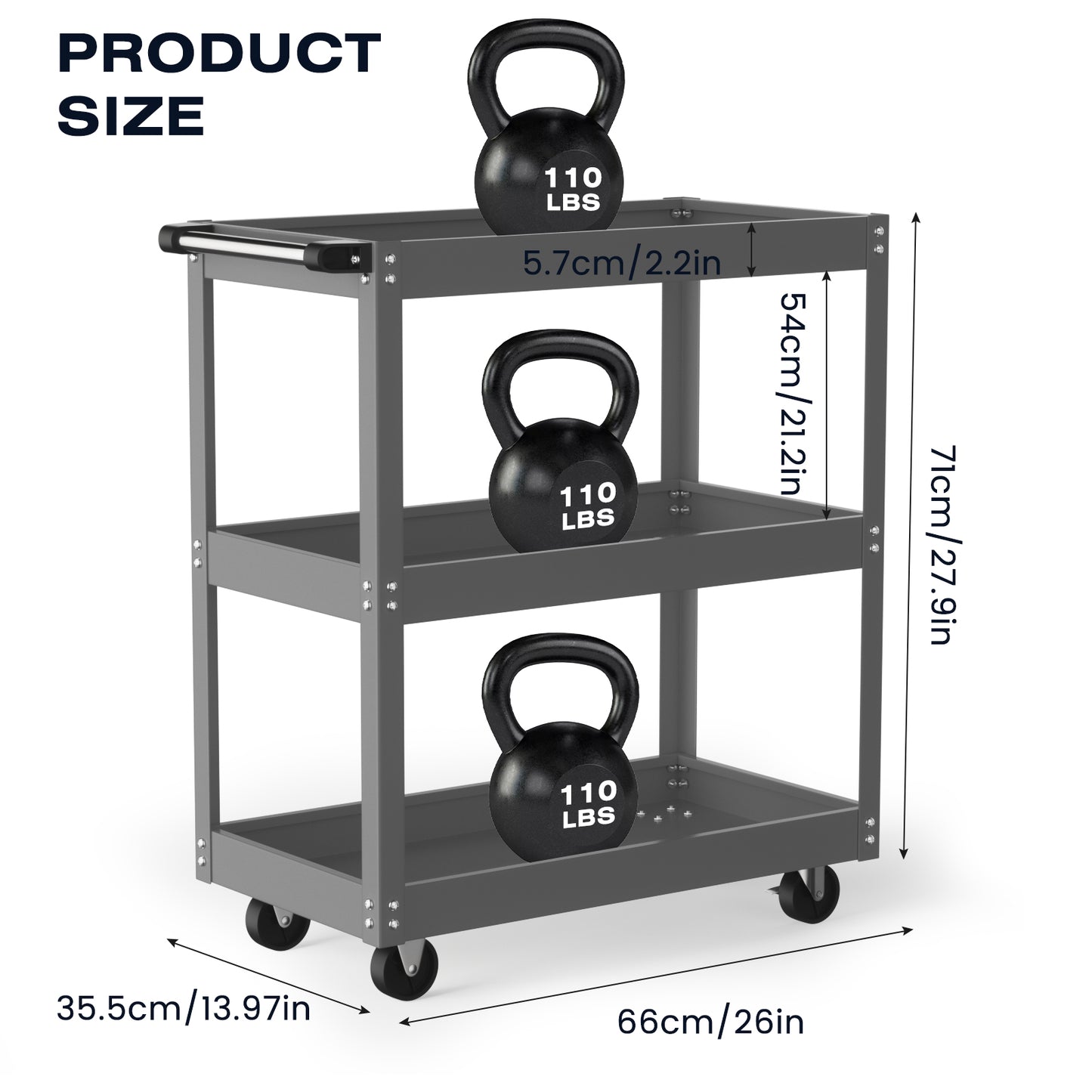 Heavy Duty 330 LBS Capacity 3-Tier Metal Utility Cart with 4-Wheel Rolling Base, Red/Gray Work Cart with Sturdy Frame & Top Access Door for Garage, Warehouse, Workshop - Tool Storage Cart for Industrial Use