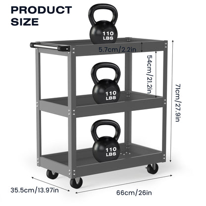 Heavy Duty 330 LBS Capacity 3-Tier Metal Utility Cart with 4-Wheel Rolling Base, Red/Gray Work Cart with Sturdy Frame & Top Access Door for Garage, Warehouse, Workshop - Tool Storage Cart for Industrial Use