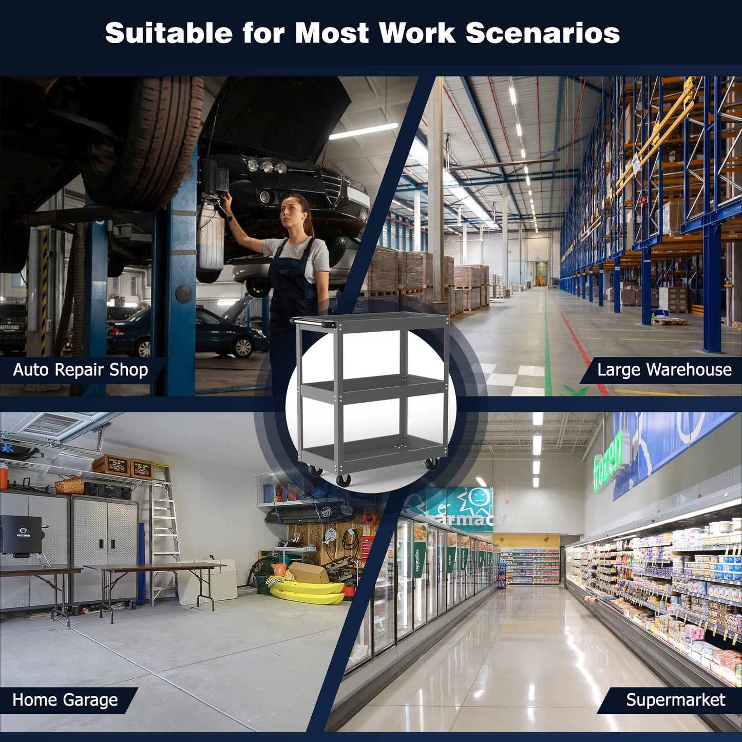 Heavy Duty 330 LBS Capacity 3-Tier Metal Utility Cart with 4-Wheel Rolling Base, Red/Gray Work Cart with Sturdy Frame & Top Access Door for Garage, Warehouse, Workshop - Tool Storage Cart for Industrial Use