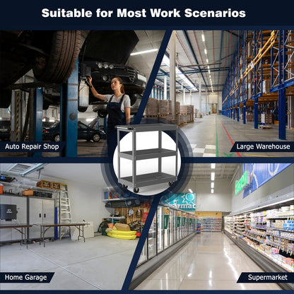 Heavy Duty 330 LBS Capacity 3-Tier Metal Utility Cart with 4-Wheel Rolling Base, Red/Gray Work Cart with Sturdy Frame & Top Access Door for Garage, Warehouse, Workshop - Tool Storage Cart for Industrial Use