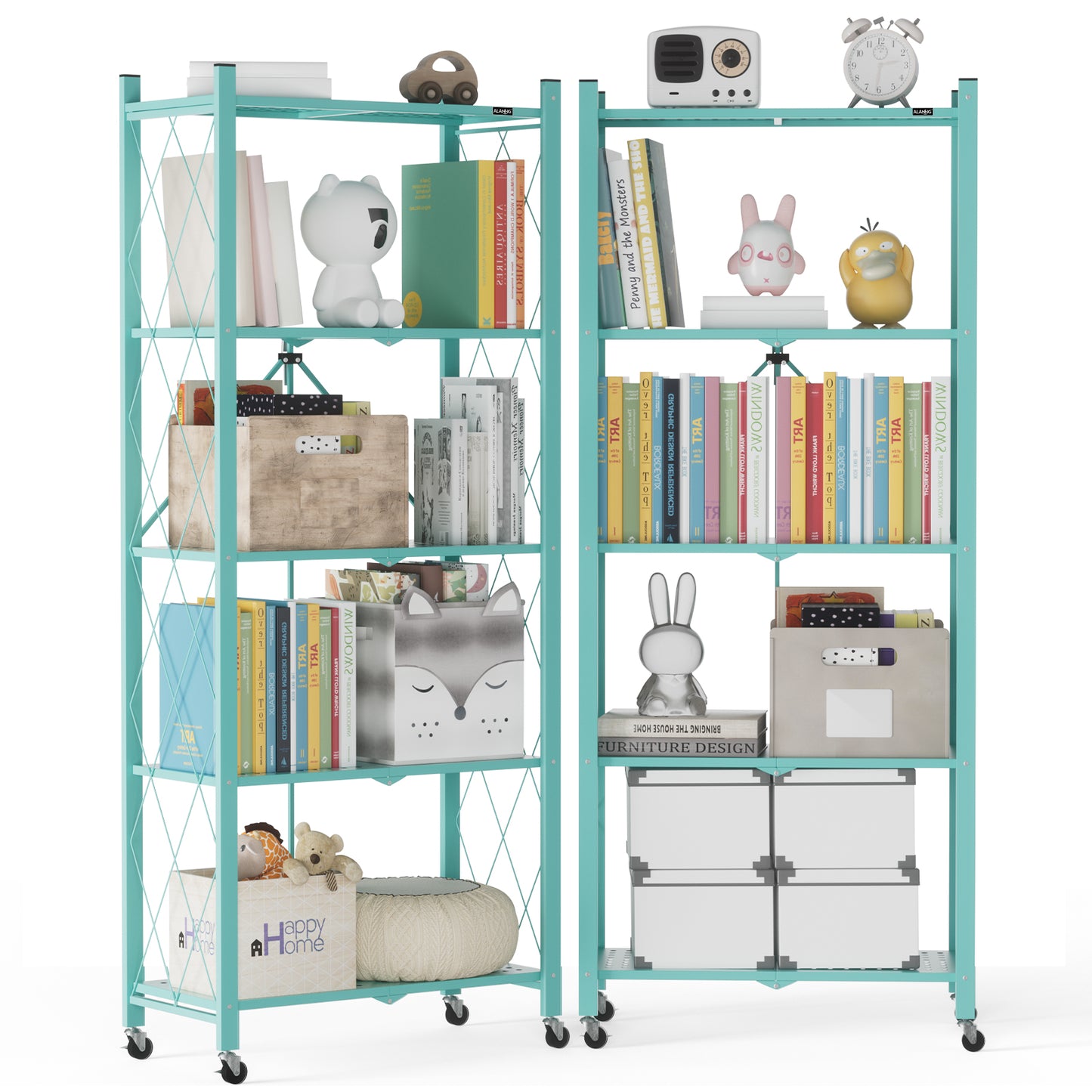 ALANNG 2-Pack Folding Bookshelf on Wheels, 5-Tier Cute Rolling Shelves for Bedroom, Colorful Storage Cart for Kids Rooms, Nursery, No Assembly Metal Book Shelf
