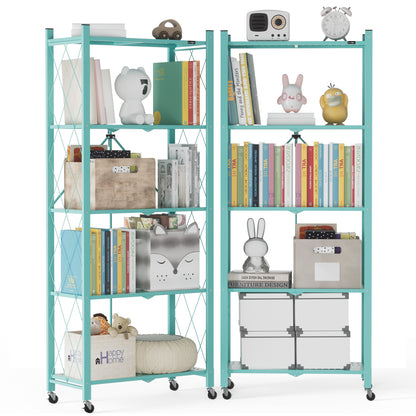 ALANNG 2-Pack Folding Bookshelf on Wheels, 5-Tier Cute Rolling Shelves for Bedroom, Colorful Storage Cart for Kids Rooms, Nursery, No Assembly Metal Book Shelf