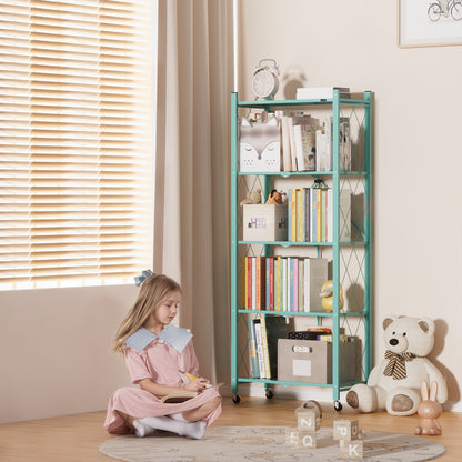ALANNG 2-Pack Folding Bookshelf on Wheels, 5-Tier Cute Rolling Shelves for Bedroom, Colorful Storage Cart for Kids Rooms, Nursery, No Assembly Metal Book Shelf
