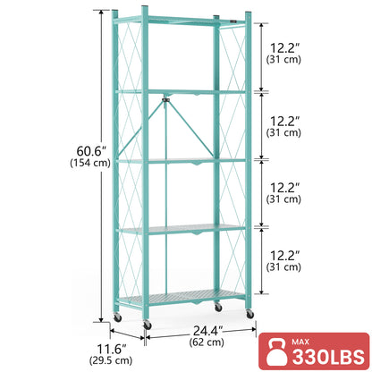 ALANNG 2-Pack Folding Bookshelf on Wheels, 5-Tier Cute Rolling Shelves for Bedroom, Colorful Storage Cart for Kids Rooms, Nursery, No Assembly Metal Book Shelf