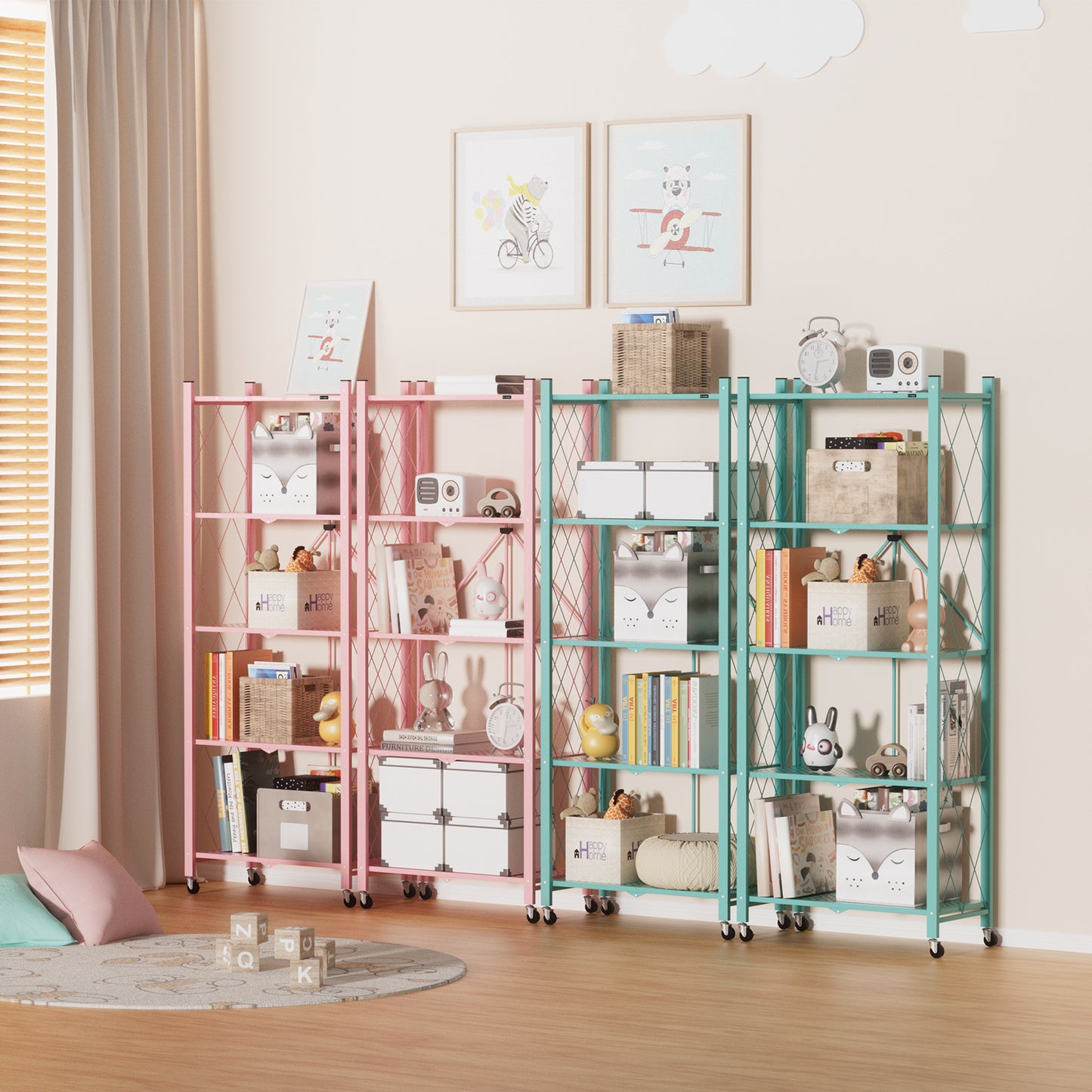 ALANNG 2-Pack Folding Bookshelf on Wheels, 5-Tier Cute Rolling Shelves for Bedroom, Colorful Storage Cart for Kids Rooms, Nursery, No Assembly Metal Book Shelf