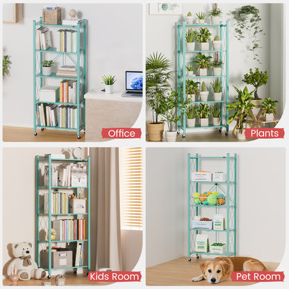 ALANNG 2-Pack Folding Bookshelf on Wheels, 5-Tier Cute Rolling Shelves for Bedroom, Colorful Storage Cart for Kids Rooms, Nursery, No Assembly Metal Book Shelf