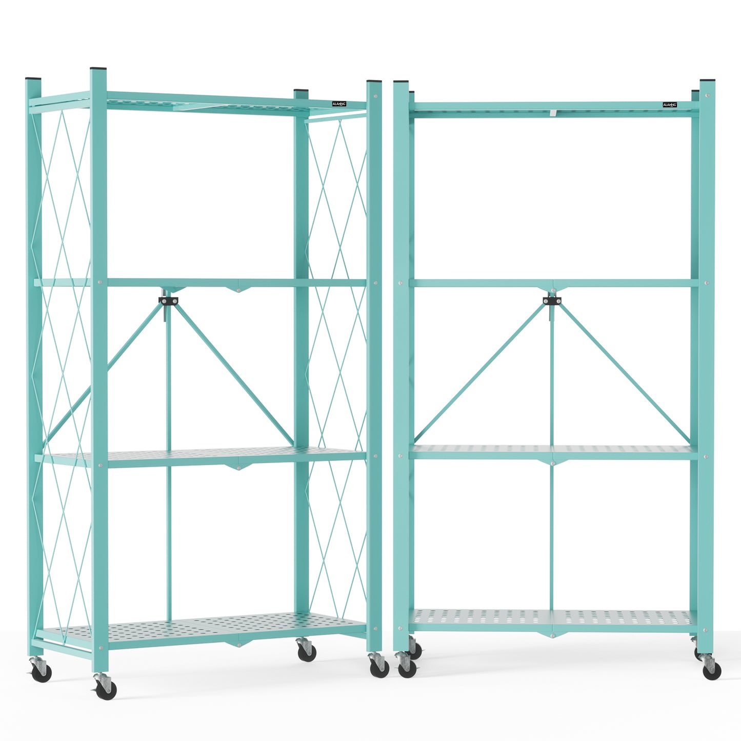 ALANNG 2-Pack Folding Bookshelf on Wheels, Cute Rolling Shelves for Bedroom, Colorful Storage Cart for Kids Rooms, Nursery, No Assembly Metal Book Shelf (4 Tier, Pink and Green)