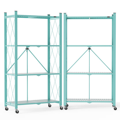 ALANNG 2-Pack Folding Bookshelf on Wheels, Cute Rolling Shelves for Bedroom, Colorful Storage Cart for Kids Rooms, Nursery, No Assembly Metal Book Shelf (4 Tier, Pink and Green)