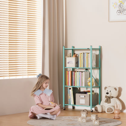 ALANNG 2-Pack Folding Bookshelf on Wheels, Cute Rolling Shelves for Bedroom, Colorful Storage Cart for Kids Rooms, Nursery, No Assembly Metal Book Shelf (4 Tier, Pink and Green)