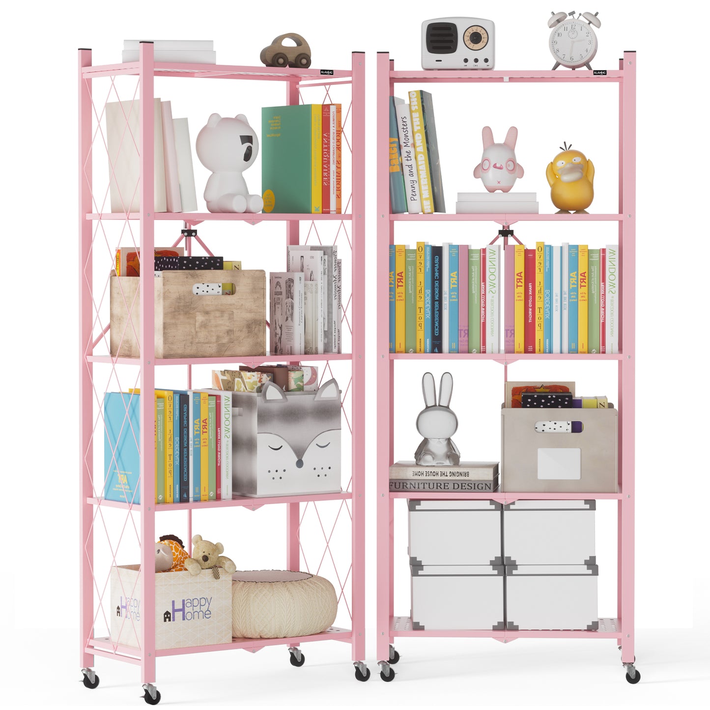 ALANNG 2-Pack Folding Bookshelf on Wheels, 5-Tier Cute Rolling Shelves for Bedroom, Colorful Storage Cart for Kids Rooms, Nursery, No Assembly Metal Book Shelf