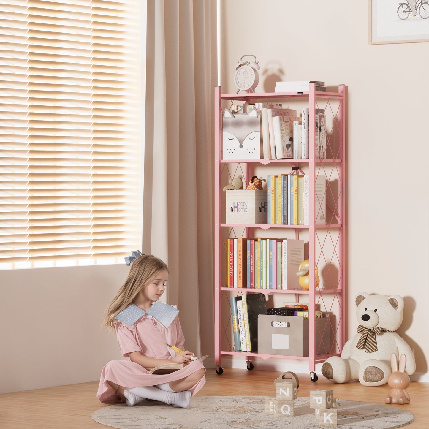 ALANNG 2-Pack Folding Bookshelf on Wheels, 5-Tier Cute Rolling Shelves for Bedroom, Colorful Storage Cart for Kids Rooms, Nursery, No Assembly Metal Book Shelf