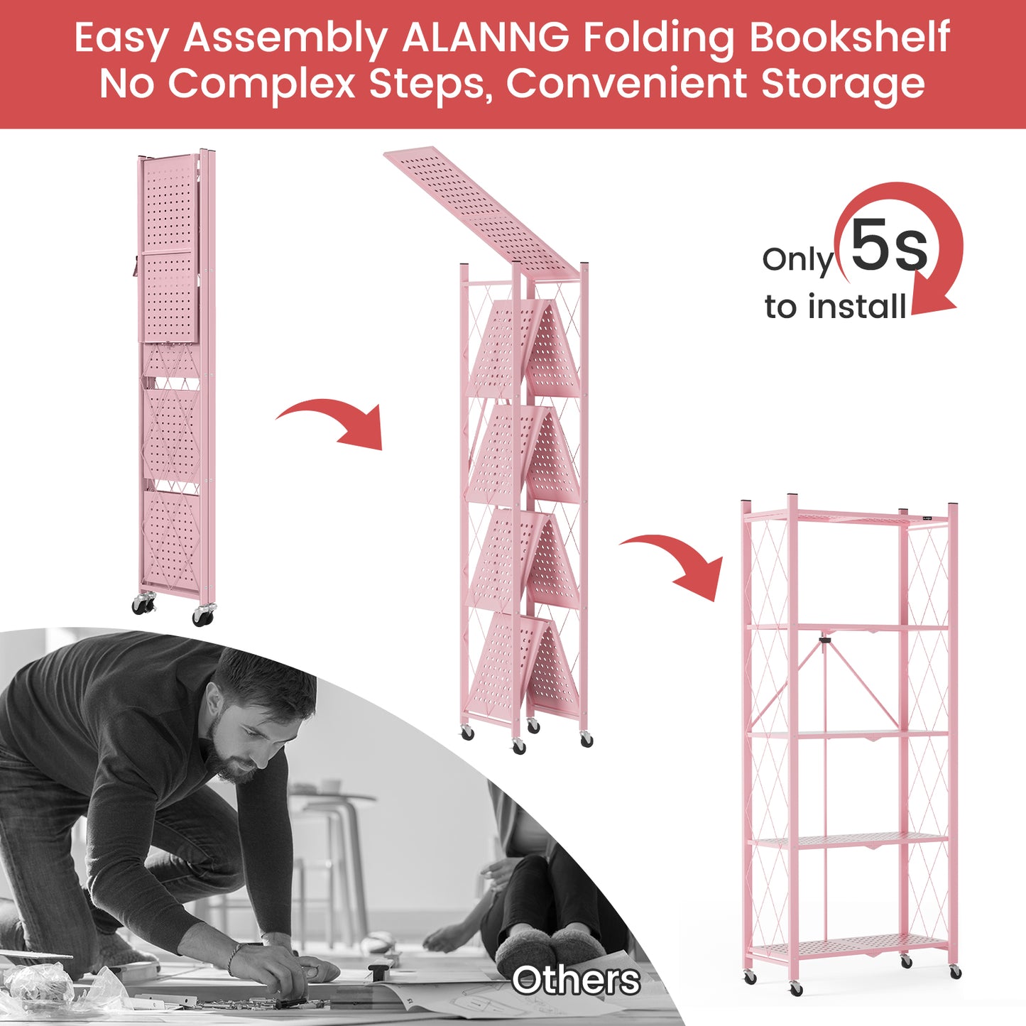 ALANNG 2-Pack Folding Bookshelf on Wheels, 5-Tier Cute Rolling Shelves for Bedroom, Colorful Storage Cart for Kids Rooms, Nursery, No Assembly Metal Book Shelf