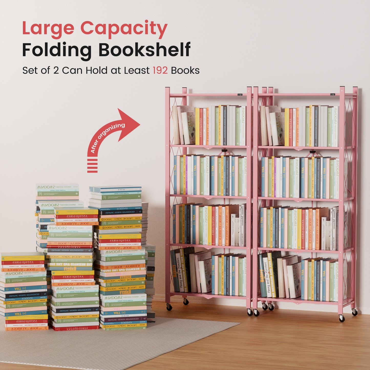 ALANNG 2-Pack Folding Bookshelf on Wheels, 5-Tier Cute Rolling Shelves for Bedroom, Colorful Storage Cart for Kids Rooms, Nursery, No Assembly Metal Book Shelf