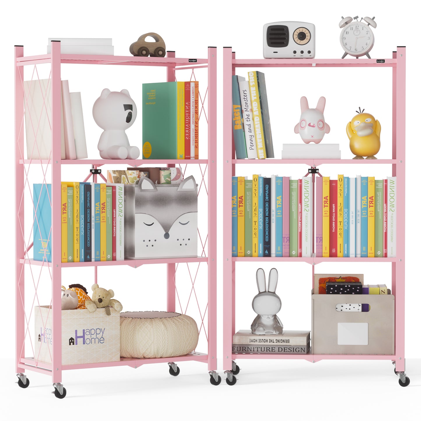 ALANNG 2-Pack Folding Bookshelf on Wheels, Cute Rolling Shelves for Bedroom, Colorful Storage Cart for Kids Rooms, Nursery, No Assembly Metal Book Shelf (4 Tier, Pink and Green)