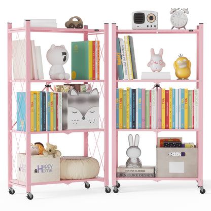 ALANNG 2-Pack Folding Bookshelf on Wheels, Cute Rolling Shelves for Bedroom, Colorful Storage Cart for Kids Rooms, Nursery, No Assembly Metal Book Shelf (4 Tier, Pink and Green)