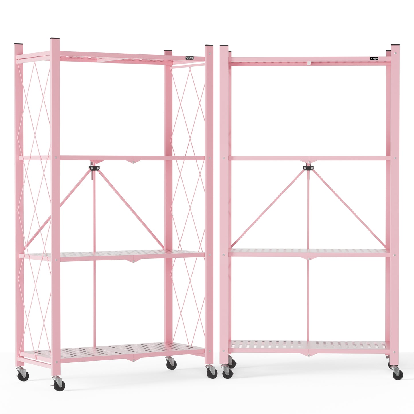 ALANNG 2-Pack Folding Bookshelf on Wheels, Cute Rolling Shelves for Bedroom, Colorful Storage Cart for Kids Rooms, Nursery, No Assembly Metal Book Shelf (4 Tier, Pink and Green)