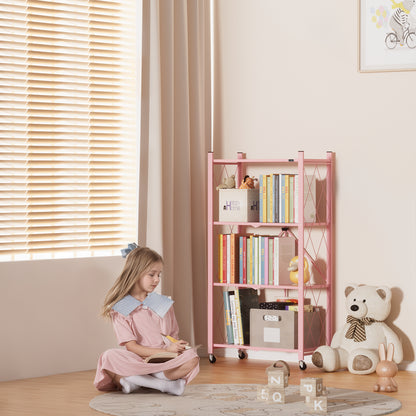ALANNG 2-Pack Folding Bookshelf on Wheels, Cute Rolling Shelves for Bedroom, Colorful Storage Cart for Kids Rooms, Nursery, No Assembly Metal Book Shelf (4 Tier, Pink and Green)