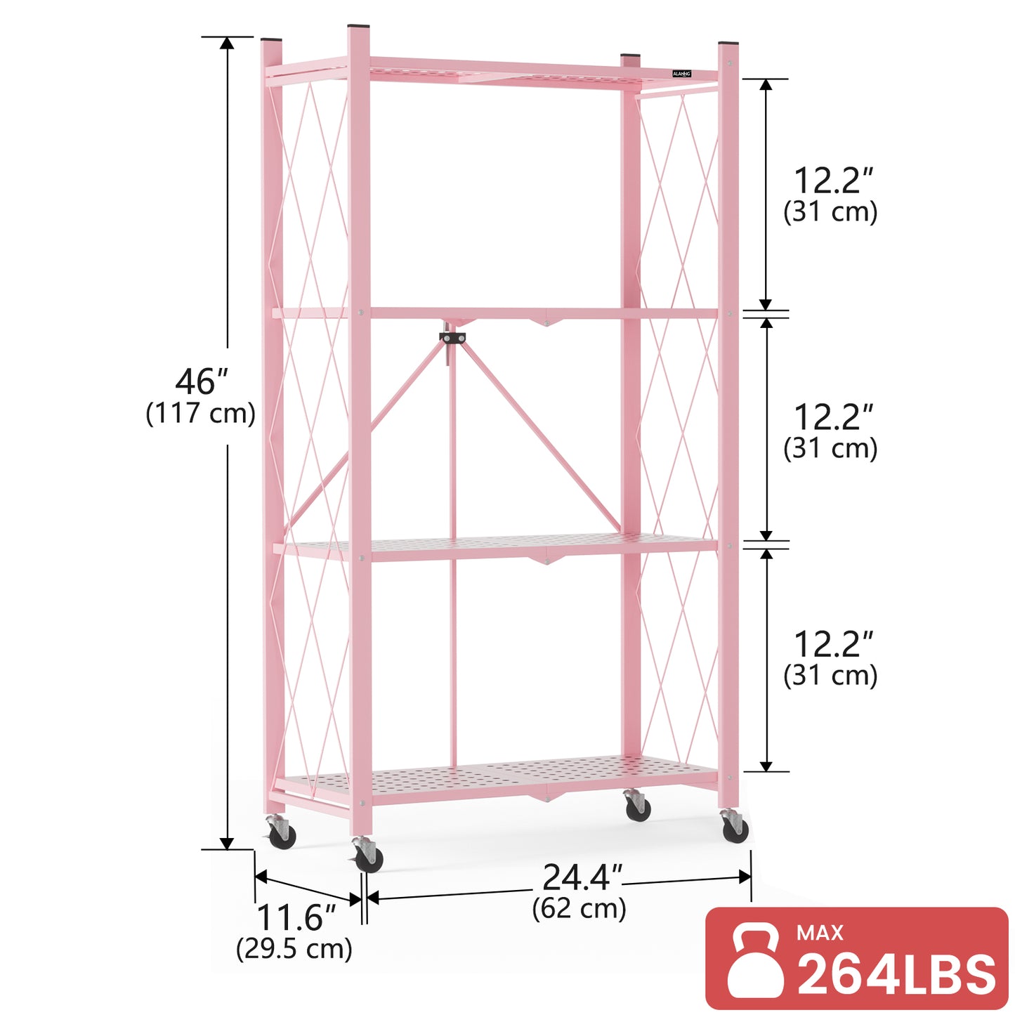 ALANNG 2-Pack Folding Bookshelf on Wheels, Cute Rolling Shelves for Bedroom, Colorful Storage Cart for Kids Rooms, Nursery, No Assembly Metal Book Shelf (4 Tier, Pink and Green)