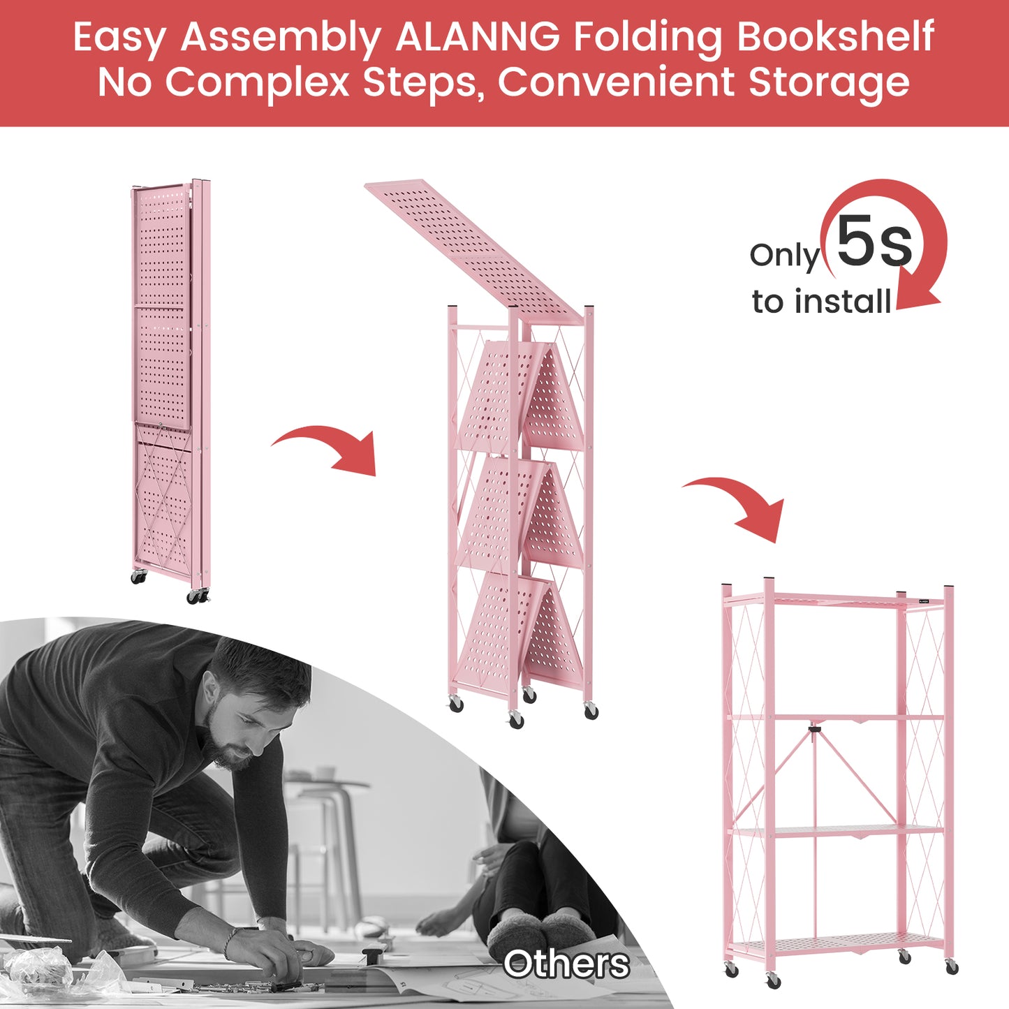 ALANNG 2-Pack Folding Bookshelf on Wheels, Cute Rolling Shelves for Bedroom, Colorful Storage Cart for Kids Rooms, Nursery, No Assembly Metal Book Shelf (4 Tier, Pink and Green)
