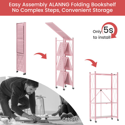 ALANNG 2-Pack Folding Bookshelf on Wheels, Cute Rolling Shelves for Bedroom, Colorful Storage Cart for Kids Rooms, Nursery, No Assembly Metal Book Shelf (4 Tier, Pink and Green)
