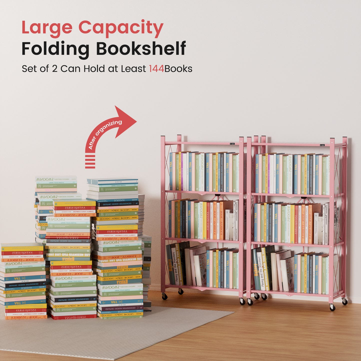 ALANNG 2-Pack Folding Bookshelf on Wheels, Cute Rolling Shelves for Bedroom, Colorful Storage Cart for Kids Rooms, Nursery, No Assembly Metal Book Shelf (4 Tier, Pink and Green)