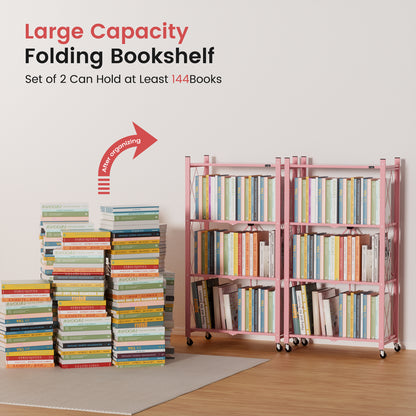 ALANNG 2-Pack Folding Bookshelf on Wheels, Cute Rolling Shelves for Bedroom, Colorful Storage Cart for Kids Rooms, Nursery, No Assembly Metal Book Shelf (4 Tier, Pink and Green)