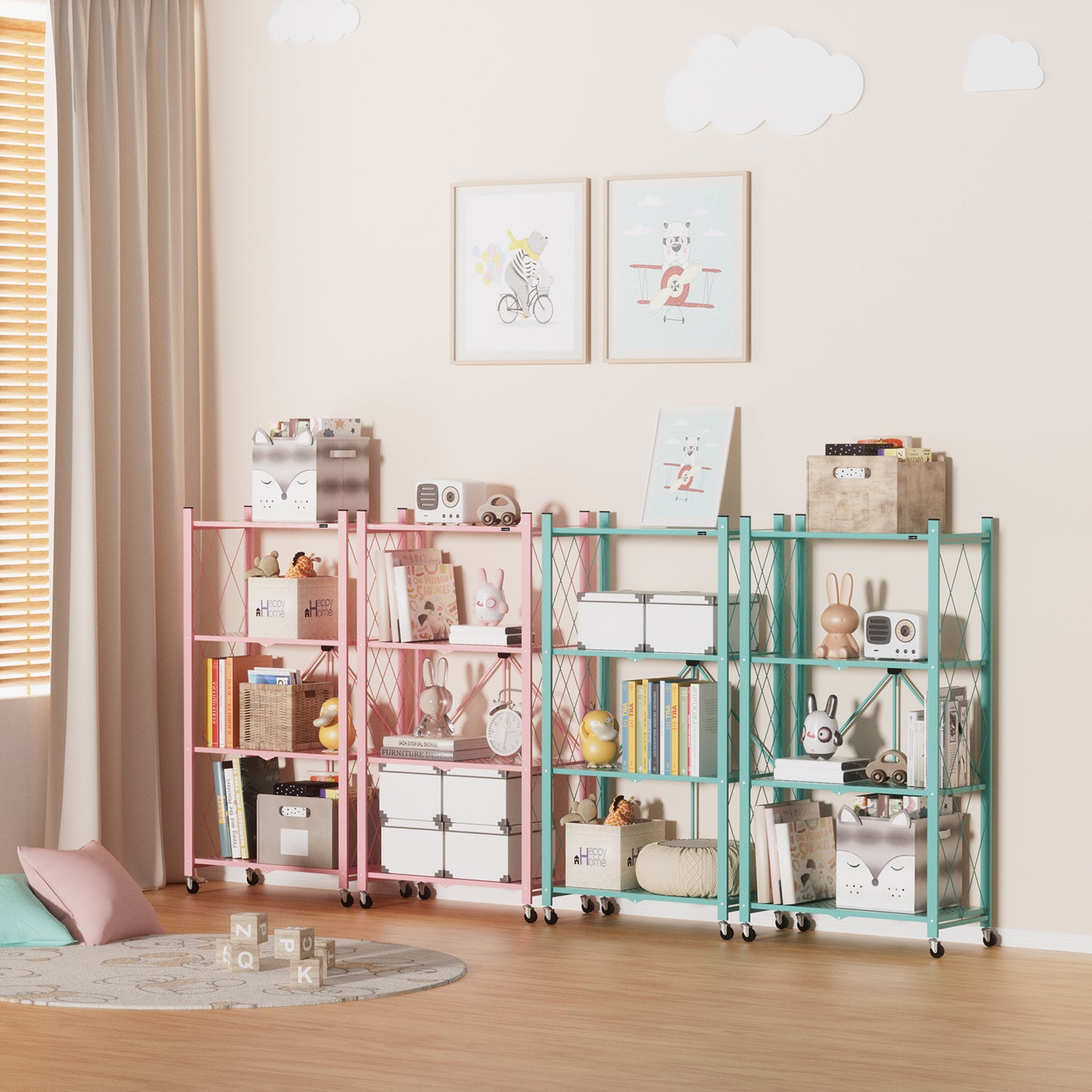 ALANNG 2-Pack Folding Bookshelf on Wheels, Cute Rolling Shelves for Bedroom, Colorful Storage Cart for Kids Rooms, Nursery, No Assembly Metal Book Shelf (4 Tier, Pink and Green)