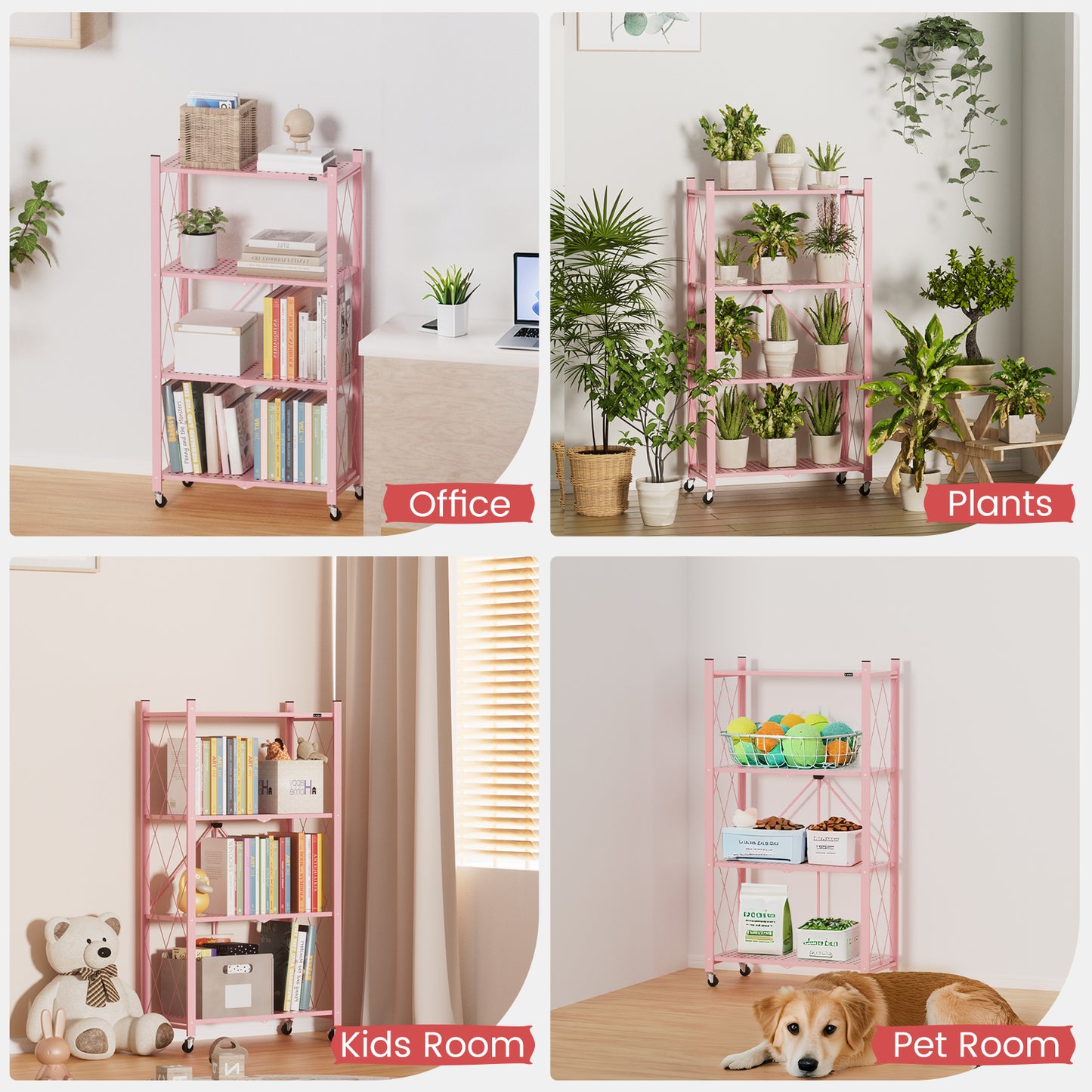ALANNG 2-Pack Folding Bookshelf on Wheels, Cute Rolling Shelves for Bedroom, Colorful Storage Cart for Kids Rooms, Nursery, No Assembly Metal Book Shelf (4 Tier, Pink and Green)