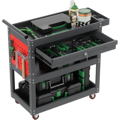 ALANNG 330 LBS Rolling Tool Cart with 1 Drawer & 3 Shelves | Heavy Duty Mechanic Cart Includes 7 Hooks, 2 Pegboards & Screw Organizer | Metal Service Cart for Garage Workshop