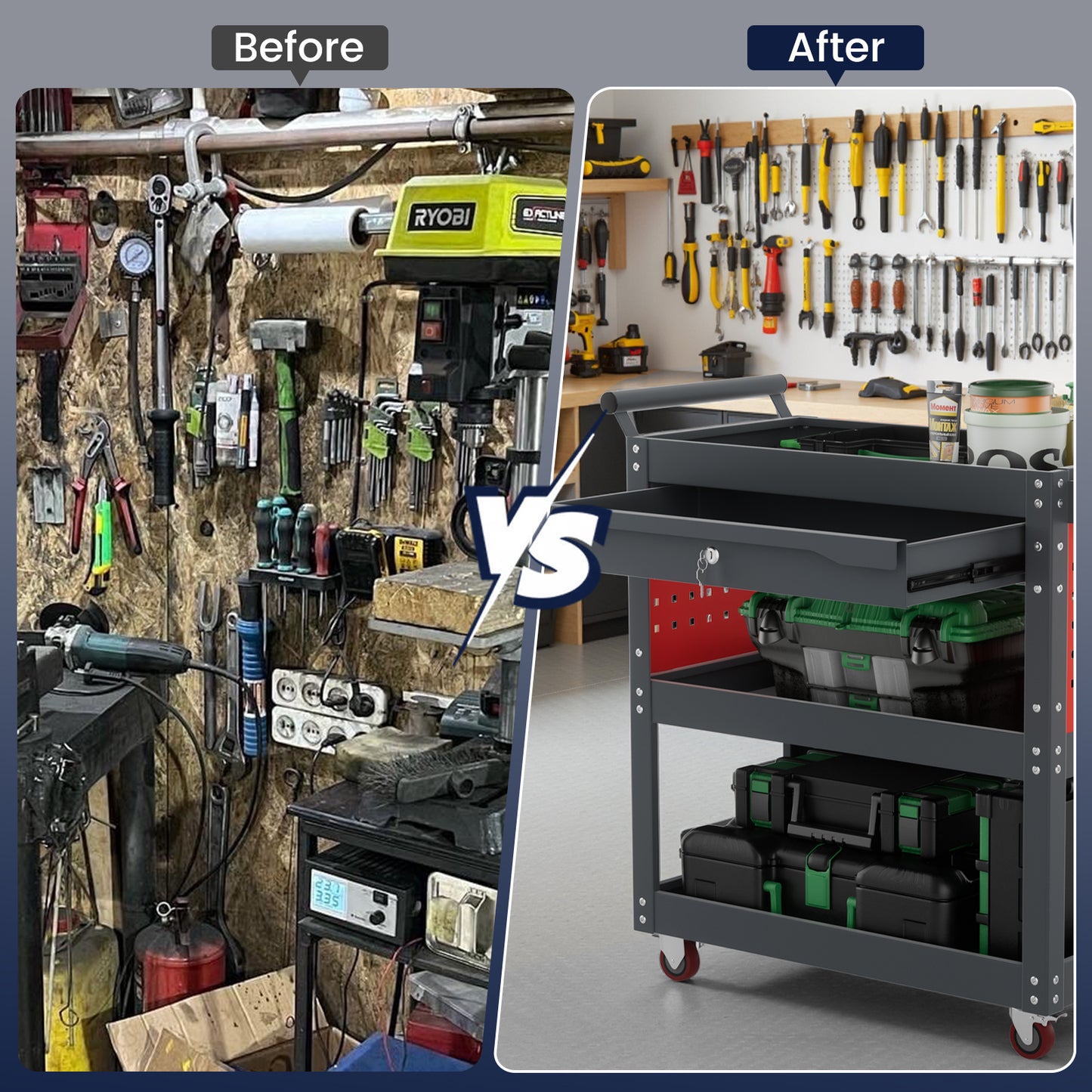 ALANNG 330 LBS Rolling Tool Cart with 1 Drawer & 3 Shelves | Heavy Duty Mechanic Cart Includes 7 Hooks, 2 Pegboards & Screw Organizer | Metal Service Cart for Garage Workshop