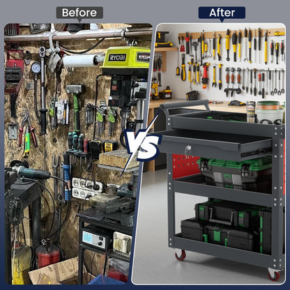 ALANNG 330 LBS Rolling Tool Cart with 1 Drawer & 3 Shelves | Heavy Duty Mechanic Cart Includes 7 Hooks, 2 Pegboards & Screw Organizer | Metal Service Cart for Garage Workshop