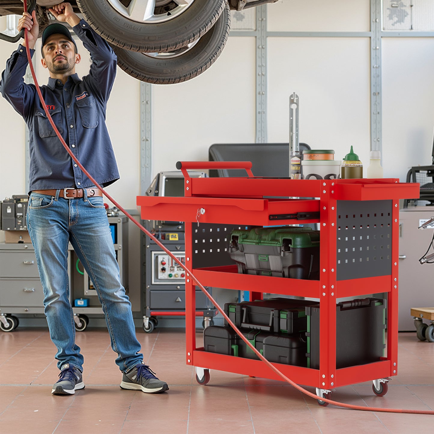 ALANNG 330 LBS Rolling Tool Cart with 1 Drawer & 3 Shelves | Heavy Duty Mechanic Cart Includes 7 Hooks, 2 Pegboards & Screw Organizer | Metal Service Cart for Garage Workshop