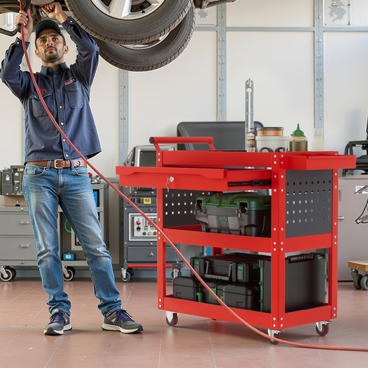 ALANNG 330 LBS Rolling Tool Cart with 1 Drawer & 3 Shelves | Heavy Duty Mechanic Cart Includes 7 Hooks, 2 Pegboards & Screw Organizer | Metal Service Cart for Garage Workshop